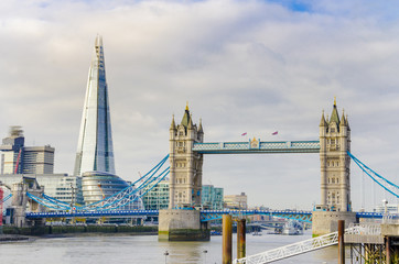 The Shard and Tower Bridge on Thames river in London, UK