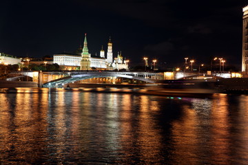 Famous and Beautiful Night View of Moskva river, Big Stone Bridg