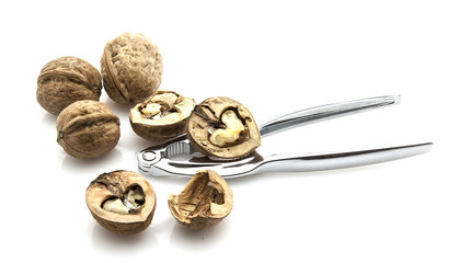 Nutcracker with closed and cracked nuts on white background