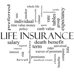 Life Insurance Word Cloud Concept in black and white