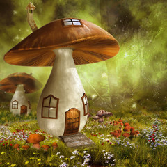 Kolorowy domek z grzyba na łące © Obsidian Fantasy