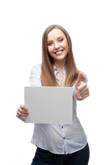 Naklejka premium businesswoman holding sign
