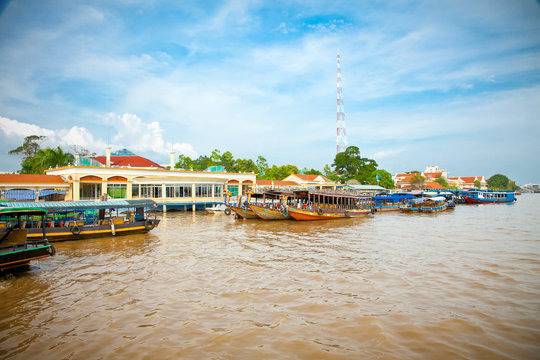 Tourist port is  tp. My Tho in Mekong, Vietnam.