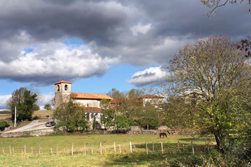 village on countryside with church