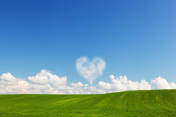 Fototapeta na wymiar Heart shaped cloud above green summer field landscape