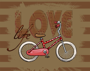 Love life vintage card with a red bicycle