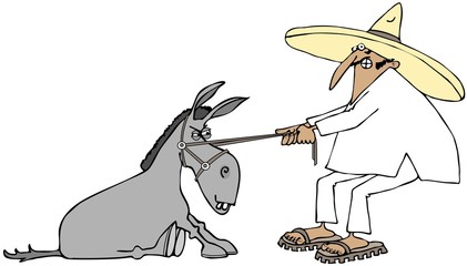 Mexican pulling a stubborn donkey - obrazy, fototapety, plakaty