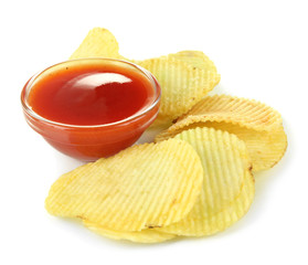 Potato chips and sauce, isolated on white