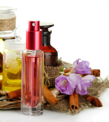 Bottles with ingredients for the perfume, isolated on white