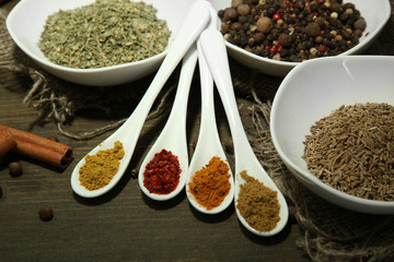 Assortment of spices in  white spoons and bowls,