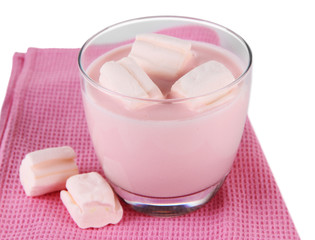 Tasty yogurt with marshmallows, isolated on white