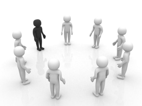 3D man joining a group of people in a circle over a white backgr