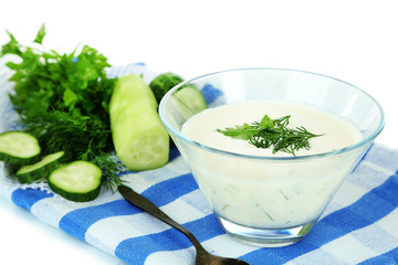 Cucumber yogurt in glass bowl,