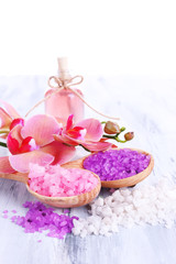 Still life with beautiful blooming orchid flower  and wooden