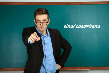 Young teacher near chalkboard in school classroom