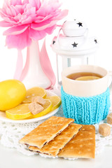 Cup of tea with lemon close up