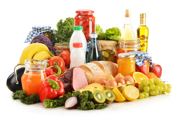 Composition with variety of grocery products isolated on white