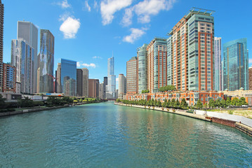 Fototapeta na wymiar Skyline of Chicago, Illinois along the Chicago River
