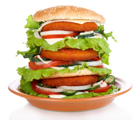 Huge burger on color plate, isolated on white