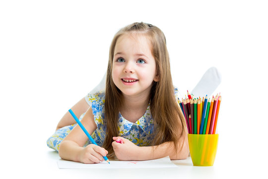 kid girl drawing with pencils