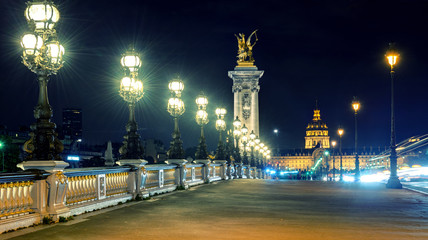 Pont Alexandre III in Paris, France. View of Alexander bridge at night.