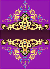Fototapeta na wymiar lilac background with gold ornament and precious stones
