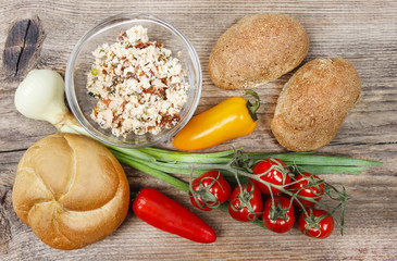 Healthy natural breakfast on wooden table, top view