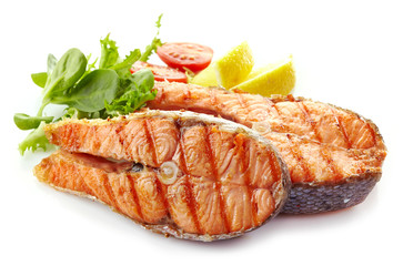 fresh grilled salmon steak slices