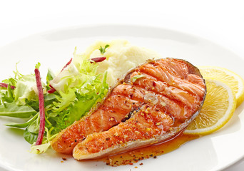 fresh grilled salmon steak slice