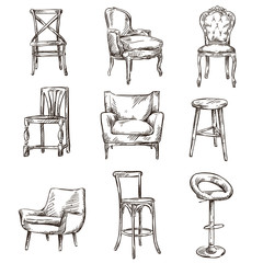 Set of hand drawn chairs interior detail