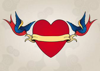 Tattoo style swallows with heart, old school