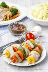 Shashlik made of fish and vegetables, party snack