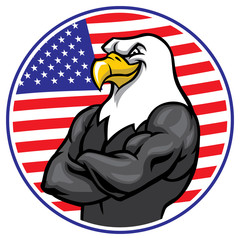eagle mascot show the muscle with american flag background