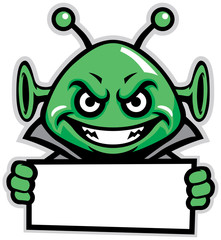 martian green mascot hold a sign