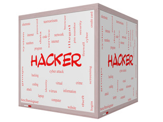 Hacker Word Cloud Concept on a 3D cube Whiteboard
