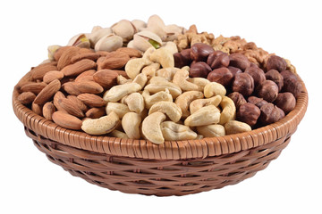 Assorted nuts in a wicker bowl on a white background