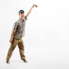 Funny man presenting against white background