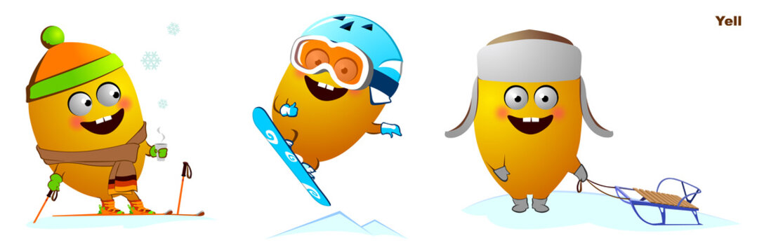 Funny character snowboarder skier sleigh