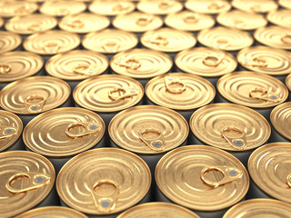 Food tin cans. Groceries background.