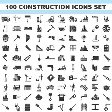 construction icons set, 100 icons, engineering tools icons