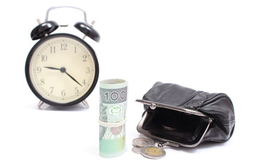 Roll of tied banknotes and coins with retro styled alarm clock