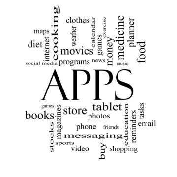 Apps Word Cloud Concept in black and white