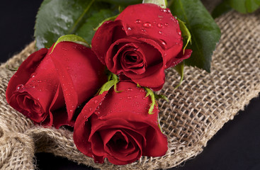 Three red roses and burlap on black background