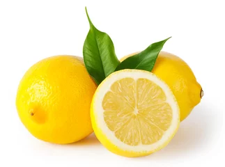 Abwaschbare Fototapete Früchte Drei Zitronen mit Blättern