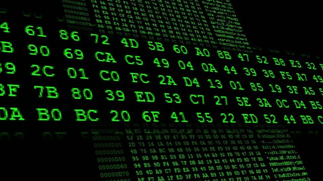 Hexadecimal code running up a computer screen. Green digits.