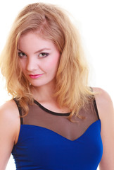 Fototapeta premium Portrait beautiful blond girl in sexy deep blue dress isolated