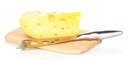 tasty cheese and knife on wooden board isolated on white
