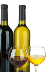bottle of wine and glasses isolated on white