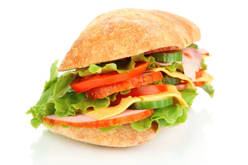 Fresh and tasty sandwich with ham and vegetables isolated