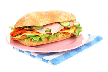 Fresh and tasty sandwich with ham and vegetables isolated